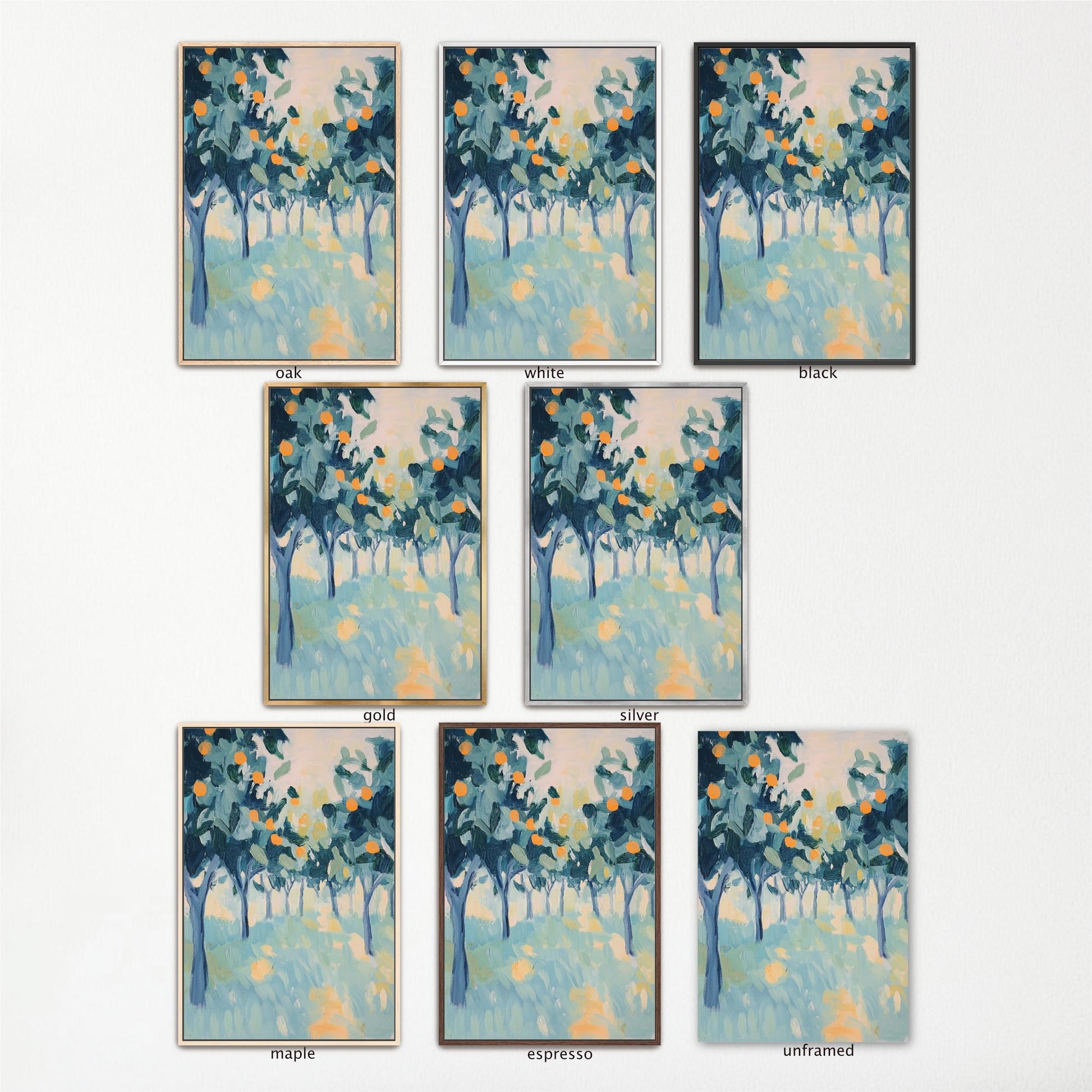a collection of nine framed paintings depicting various scenes of trees and foliage. The paintings are arranged in a grid format, with three paintings in each row and three paintings in each column. The paintings are in different colors and styles, showcasing the diversity of the artwork.