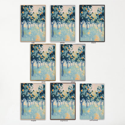 a collection of nine framed paintings depicting various scenes of trees and foliage. The paintings are arranged in a grid format, with three paintings in each row and three paintings in each column. The paintings are in different colors and styles, showcasing the diversity of the artwork.