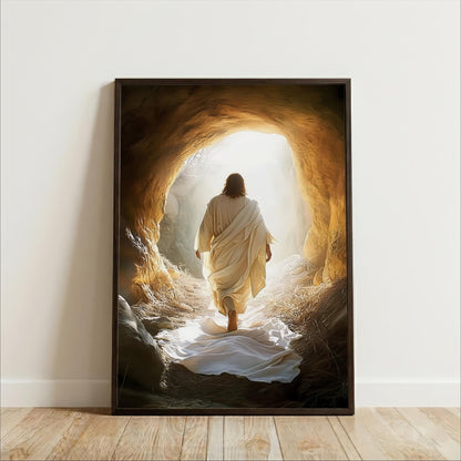 a person in a white robe walking through a cave with a bright light at the end, creating a sense of mystery and wonder.