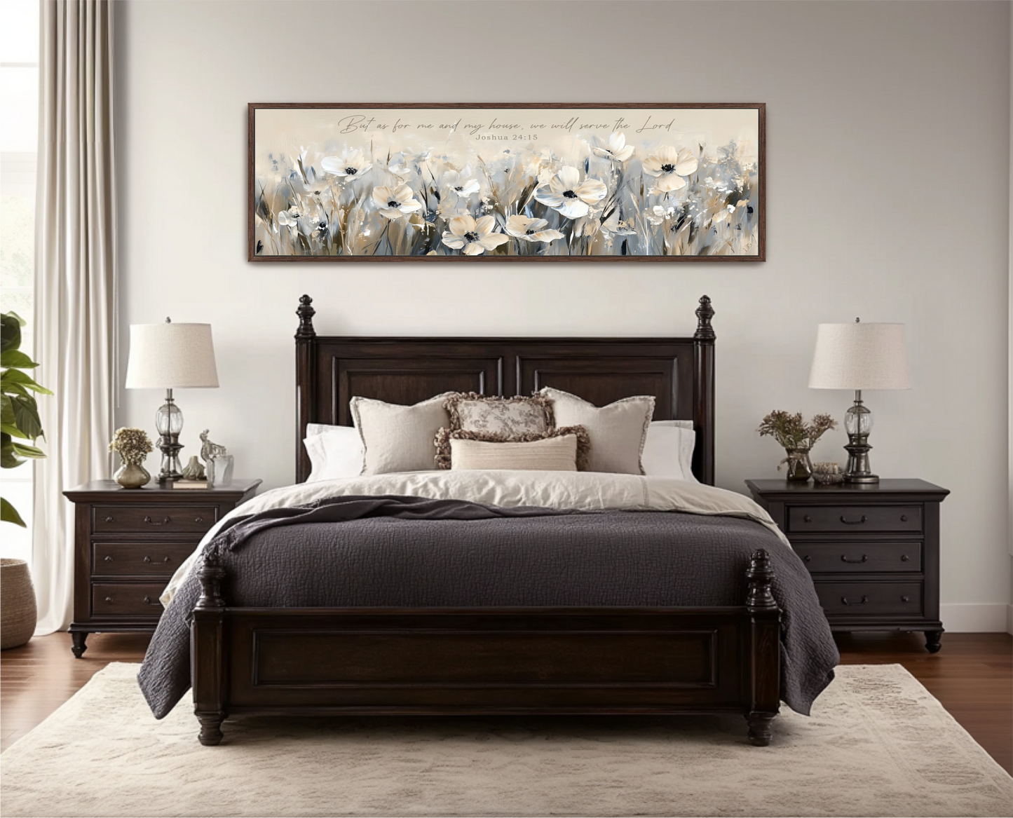 a large, dark wooden bed with a gray comforter and pillows, flanked by two nightstands with lamps. Above the bed is a large, framed painting of flowers.