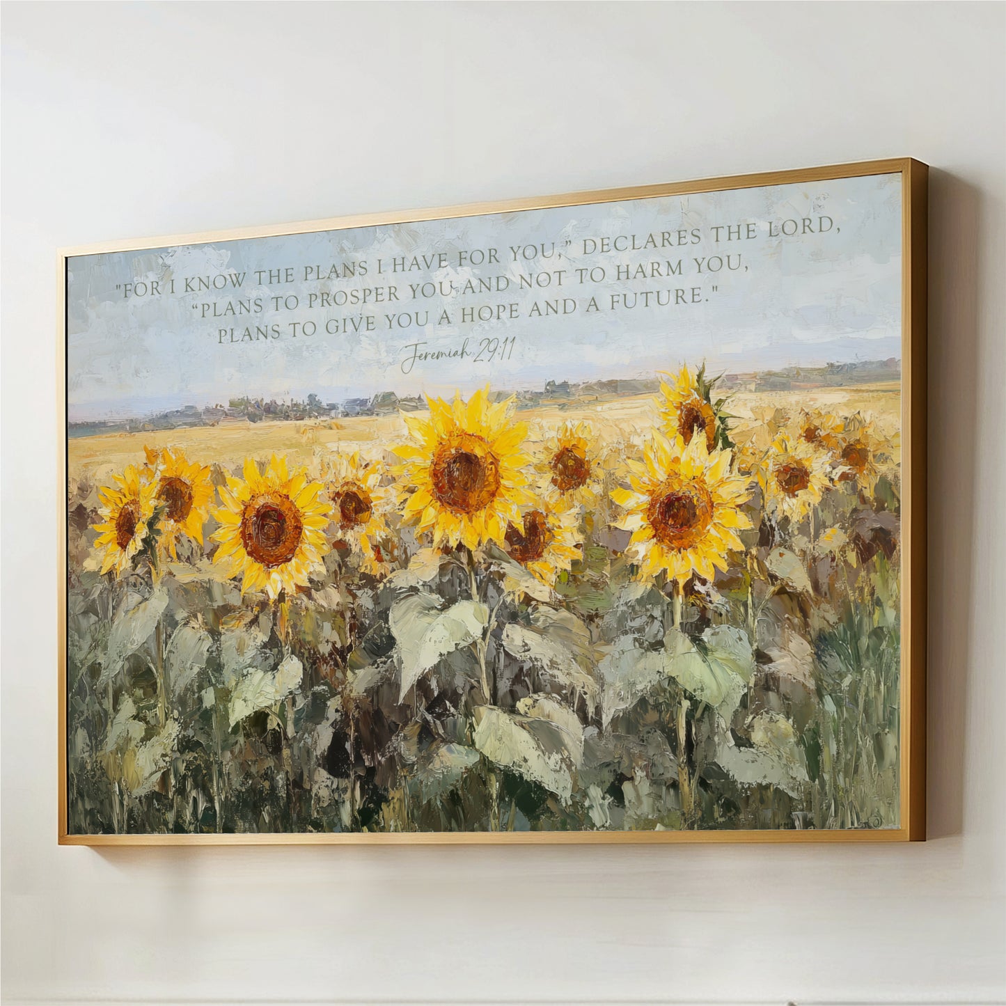 The image is a framed painting depicting a field of vibrant yellow sunflowers.