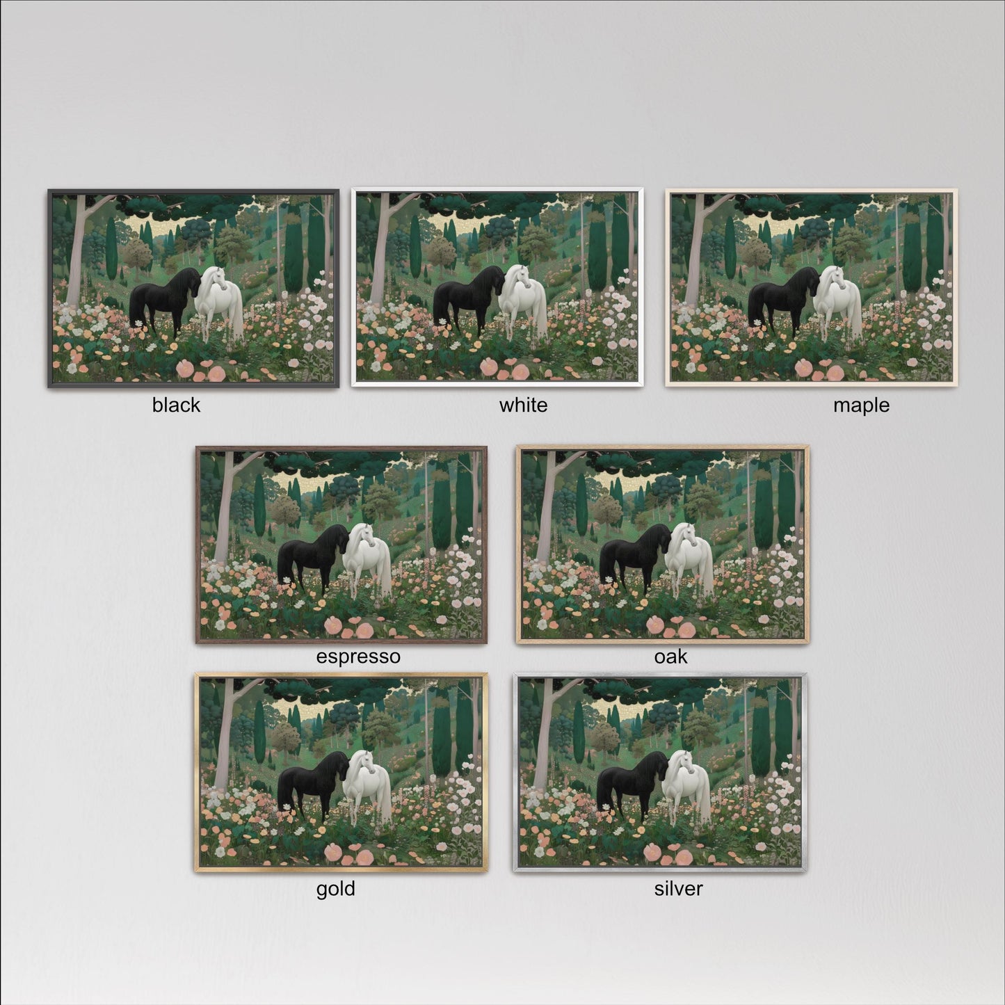six different color palettes of a painting depicting horses in a forest setting, with each color palette labeled with the name of the color.