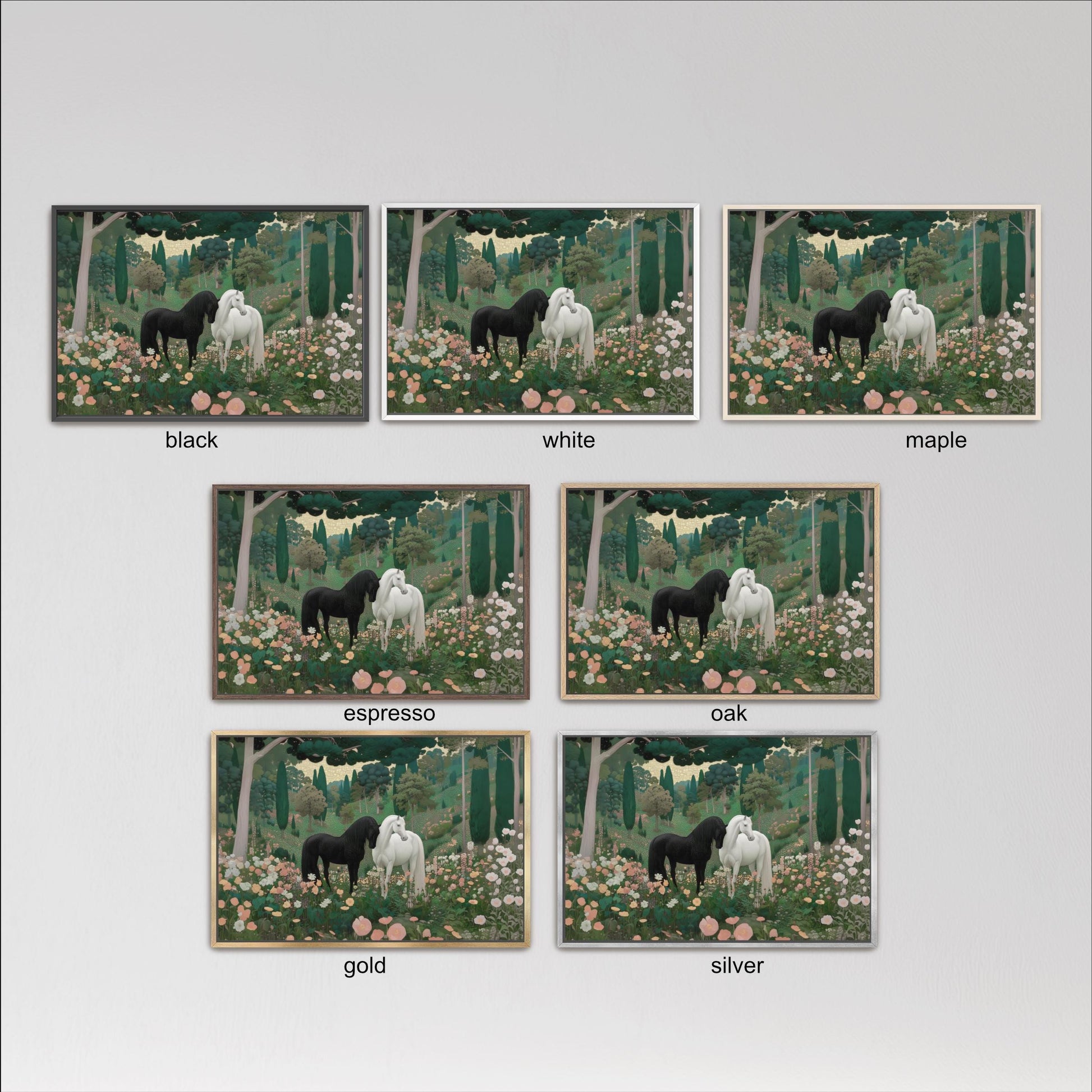 six different color palettes of a painting depicting horses in a forest setting, with each color palette labeled with the name of the color.