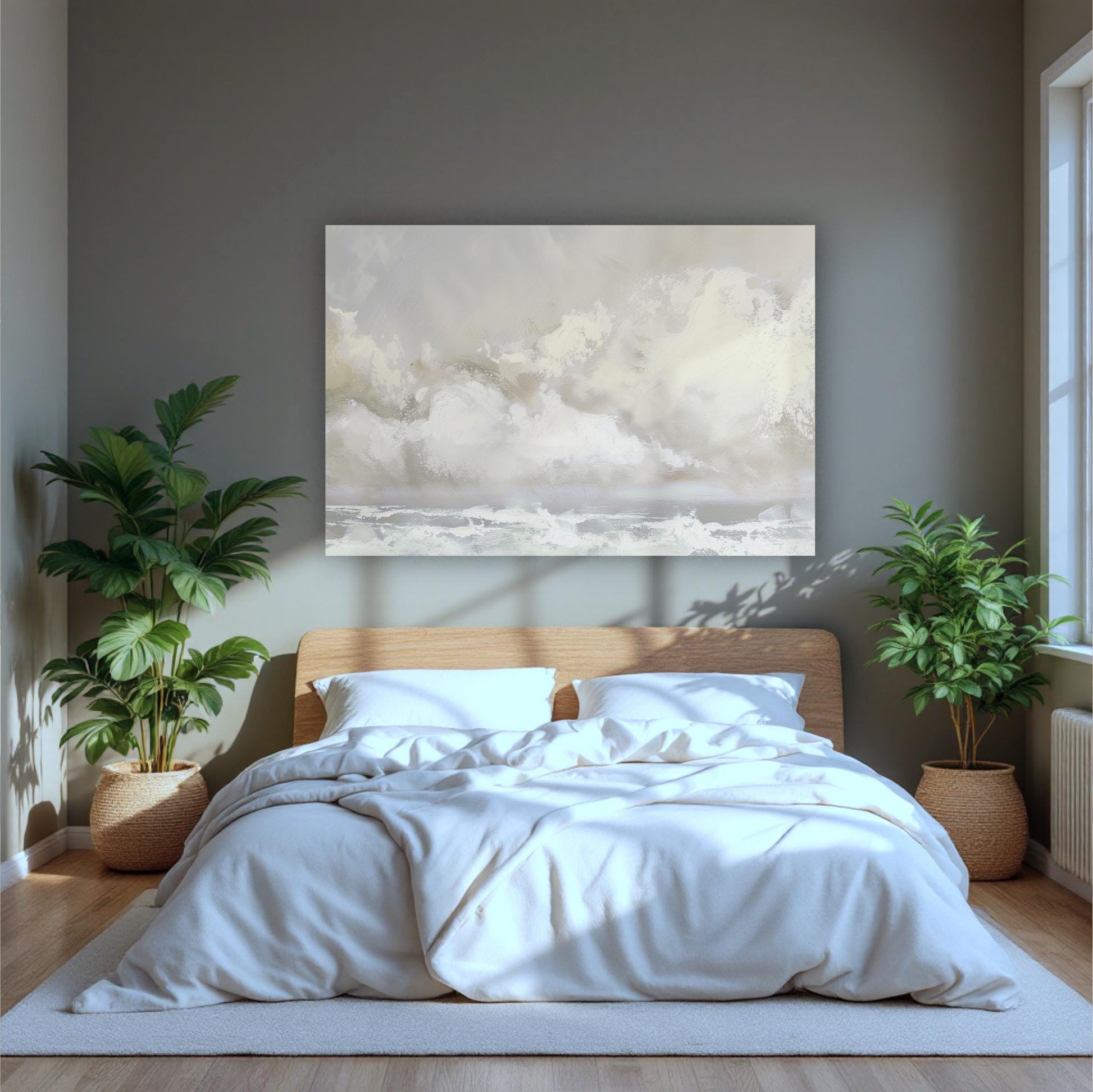 a bedroom with a large painting above the bed