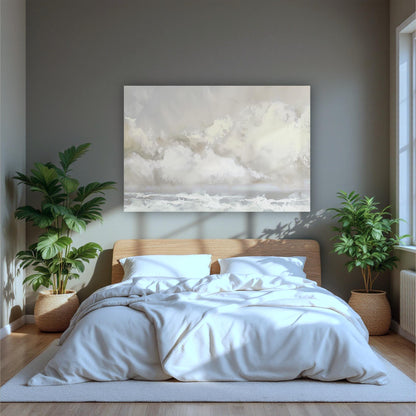 a bedroom with a large painting above the bed