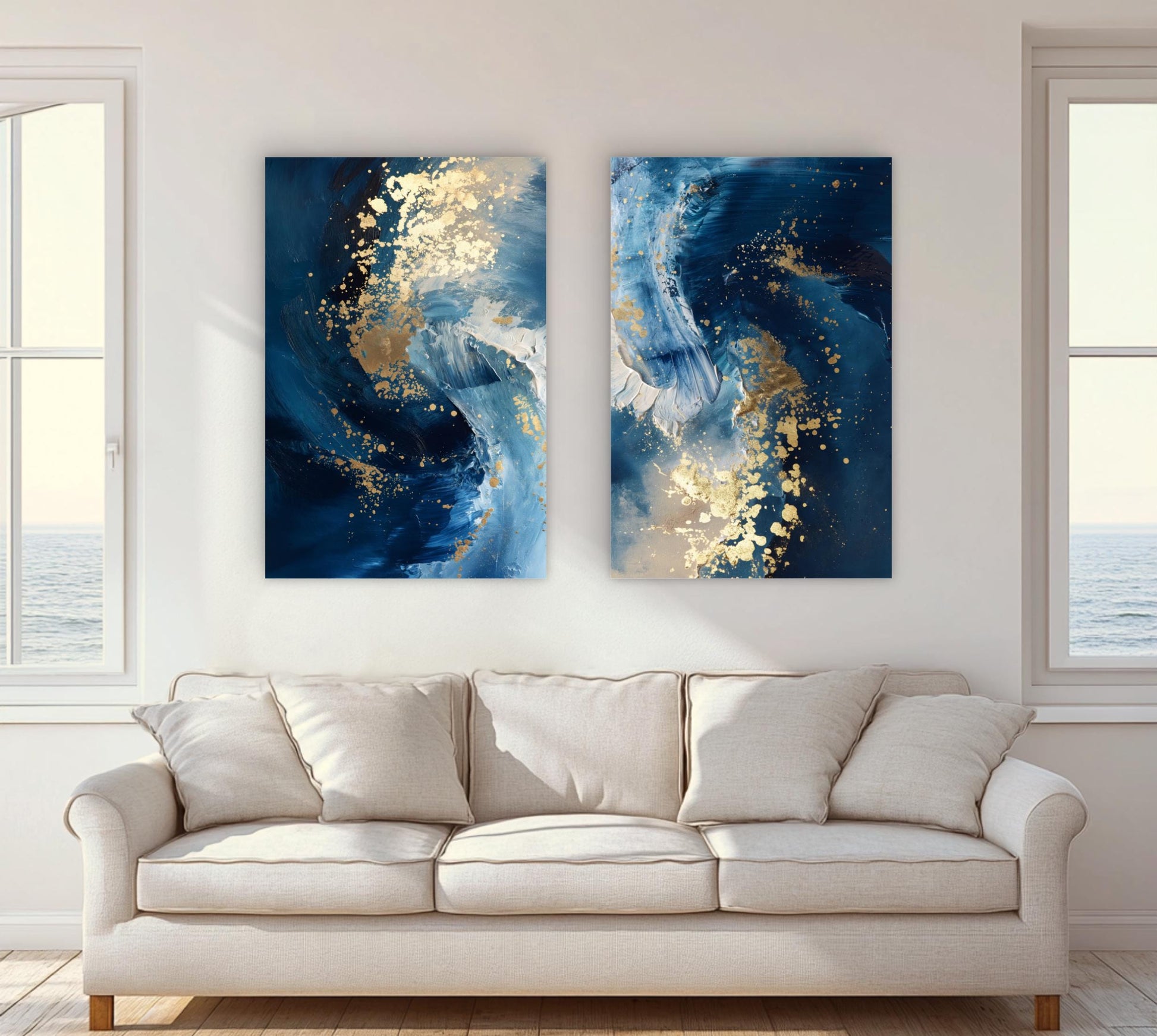 two large abstract paintings hanging on a white wall above a beige sofa in a living room.