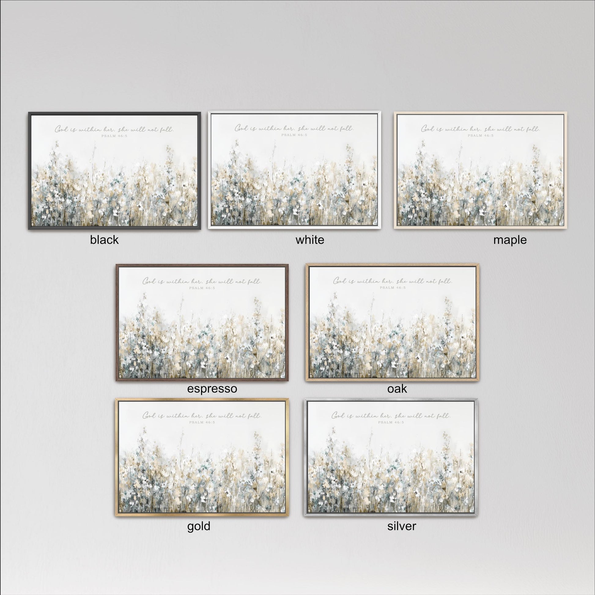 six framed artworks, each with a different color and frame style, arranged in a grid. The artworks depict various landscapes, including forests, meadows, and fields. The color options are black, white, maple, espresso, oak, and gold, and the frame styles are black, white, and gold.