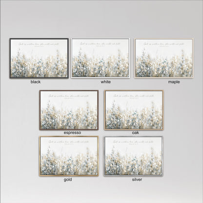 six framed artworks, each with a different color and frame style, arranged in a grid. The artworks depict various landscapes, including forests, meadows, and fields. The color options are black, white, maple, espresso, oak, and gold, and the frame styles are black, white, and gold.