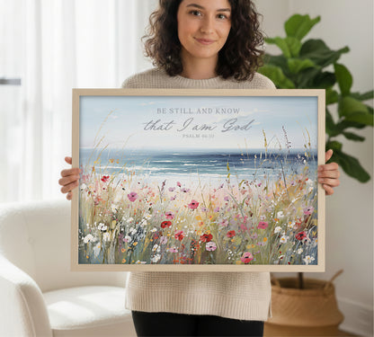 A woman is holding a framed painting of a field of flowers in front of a window, with a potted plant visible in the background.