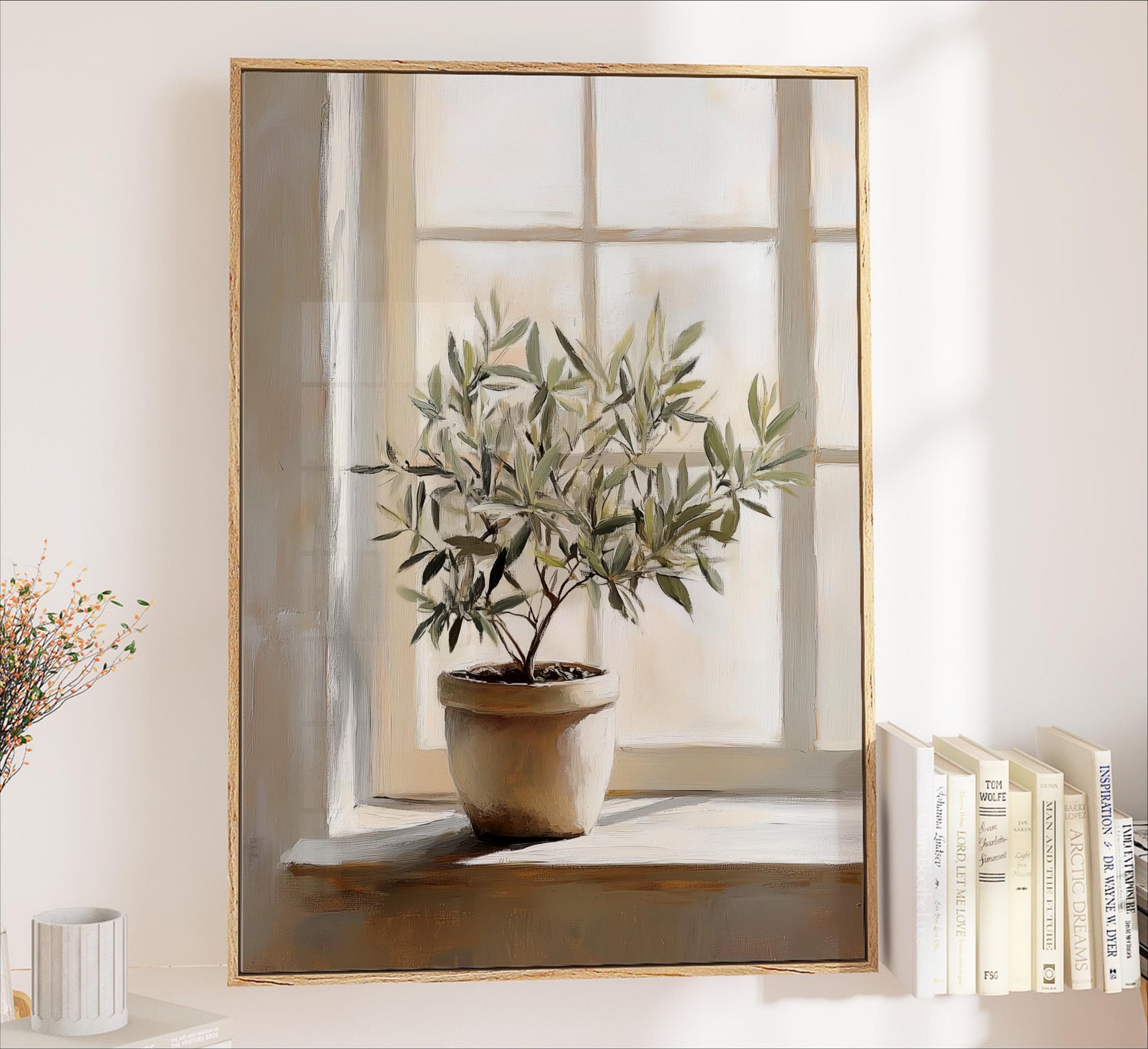 A painting of a potted olive tree on a windowsill, with a bookshelf filled with books visible in the background.