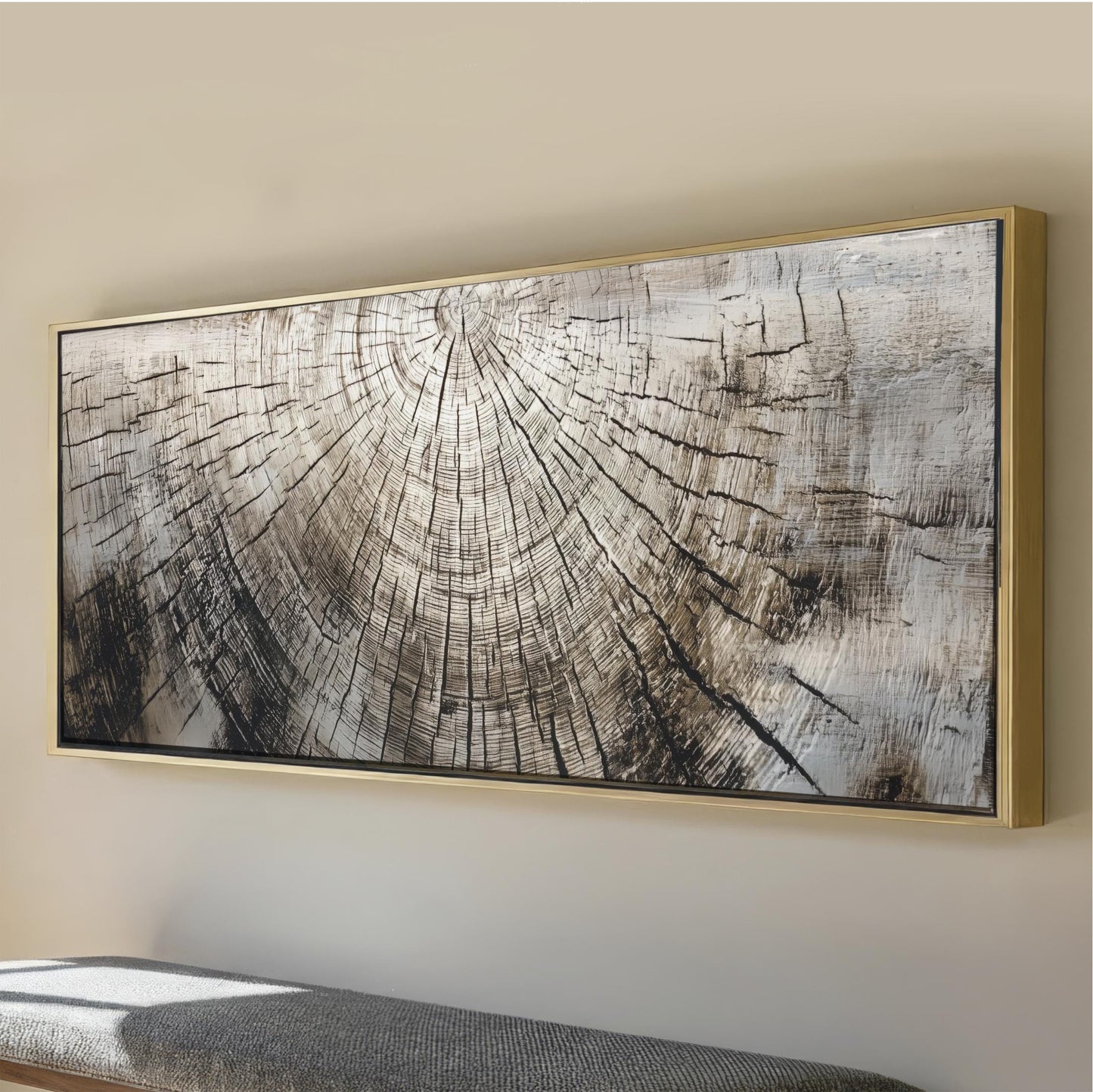 a large, framed artwork depicting a tree trunk with a detailed, textured pattern.