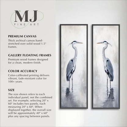 two large paintings of a bird, possibly a crane, standing in a body of water. The paintings are framed and appear to be of high quality, with a clean, modern finish. The size of the paintings is 1.5" x 1.5", and the color accuracy of the paintings is described as color-calibrated, meaning the printing delivers vibrant, fade-resistant color for 100 years.