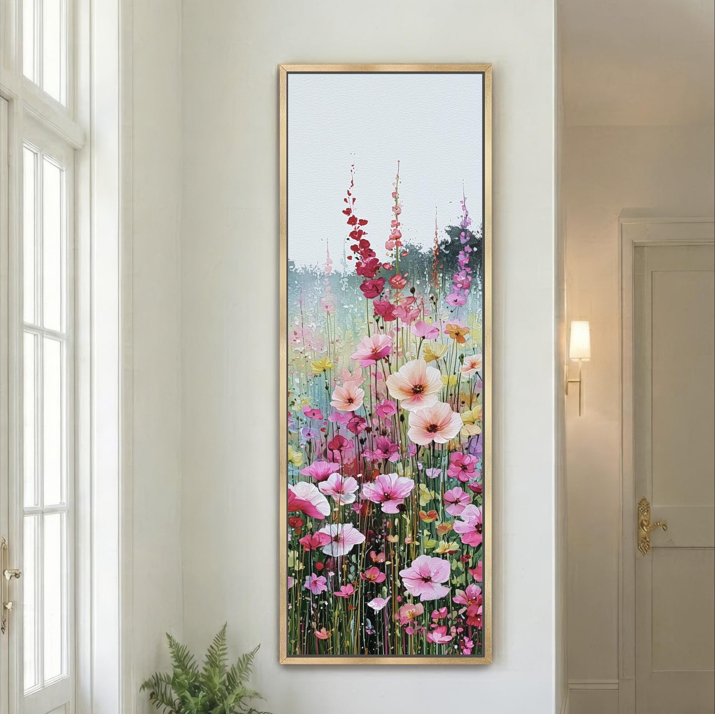 a large, framed painting of a vibrant garden scene with a variety of colorful flowers, including pink, red, and yellow blooms, set against a serene background.