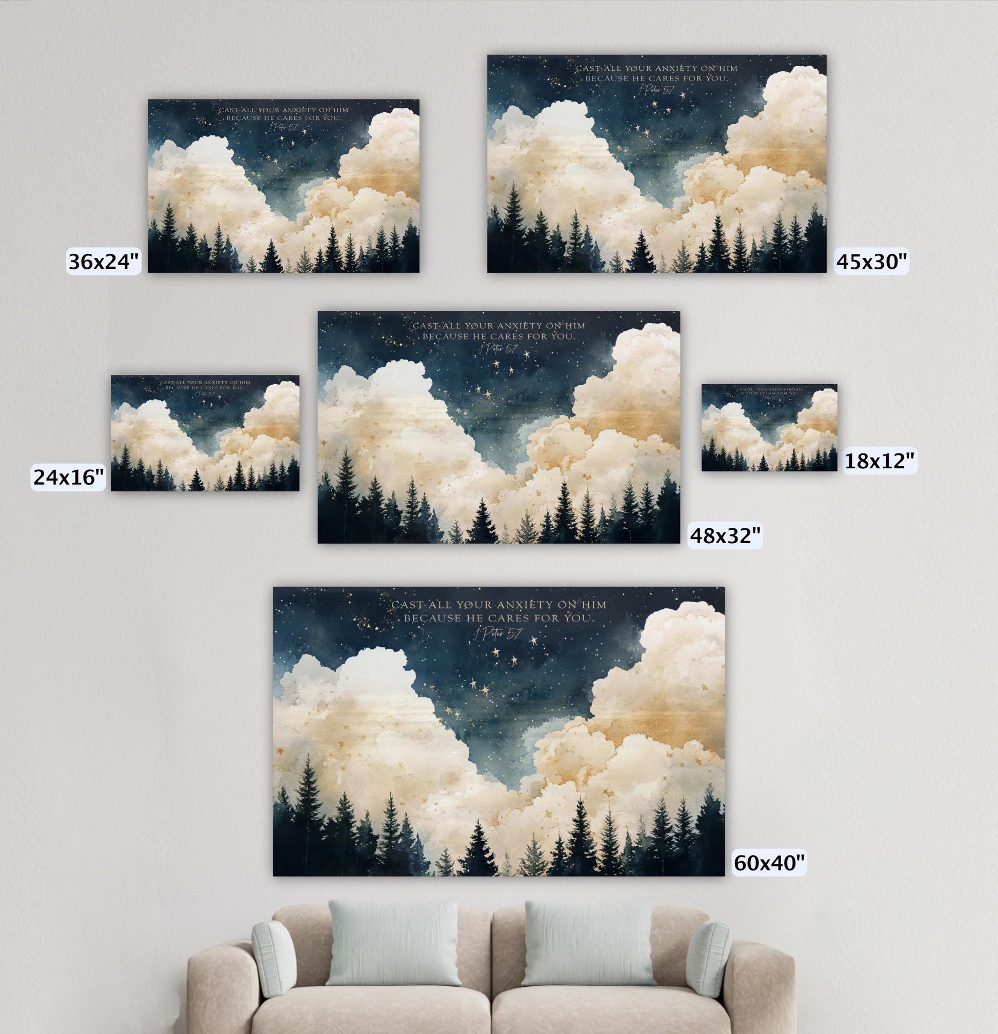 a collection of six landscape paintings or photographs depicting various scenes, including a night sky with clouds, trees, and stars. The paintings vary in size, ranging from 36 inches to 60 inches. The largest painting is a 60-inch landscape, and the smallest is a 24-inch landscape. The text accompanying the paintings is not described, and the image does not contain any redundancy or vague wording.
