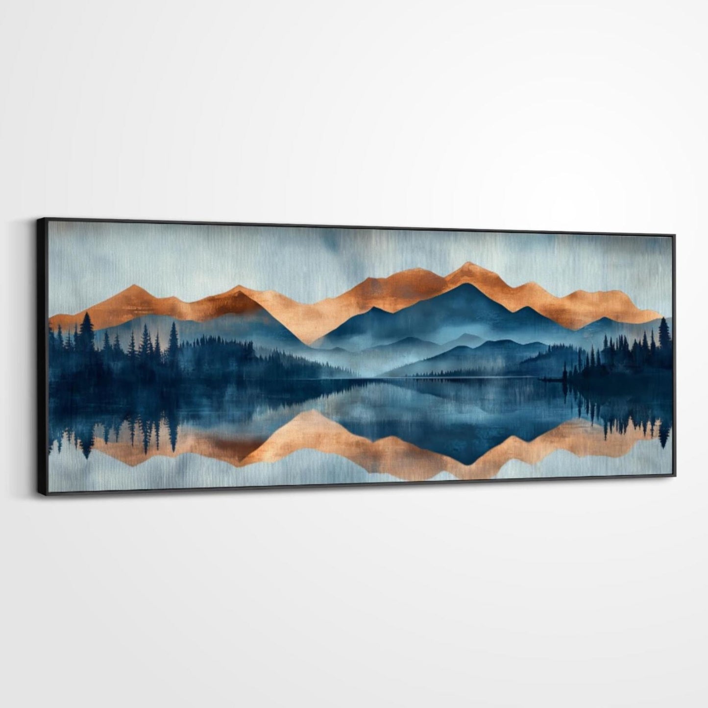 Copper Patina Blue Abstract Mountains Lake Framed Art, Landscape Trees, Large Panoramic Artwork, Water Reflection on Canvas or Print