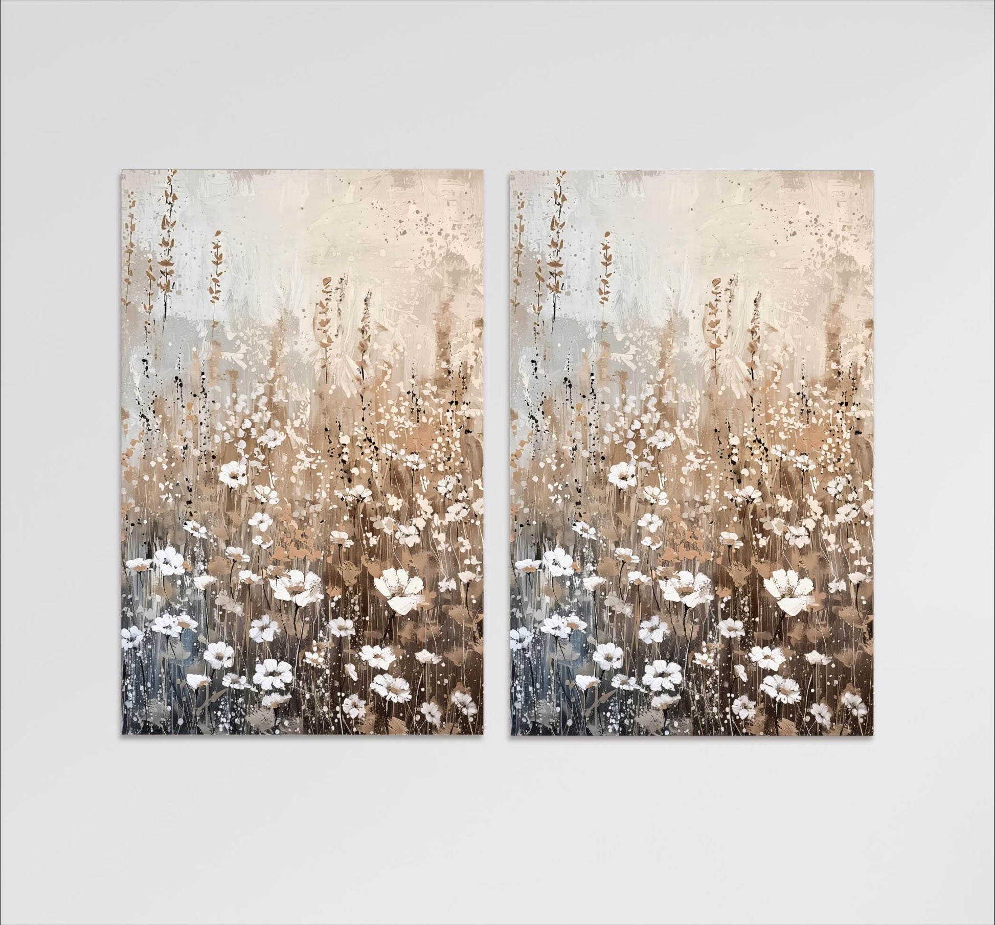 The image is a pair of paintings depicting a field of white flowers against a light brown background.
