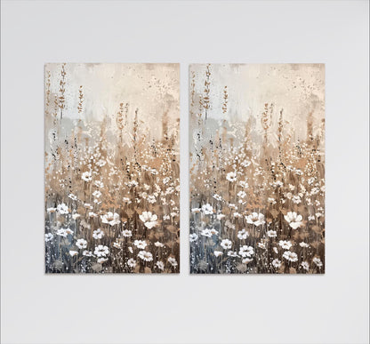 The image is a pair of paintings depicting a field of white flowers against a light brown background.
