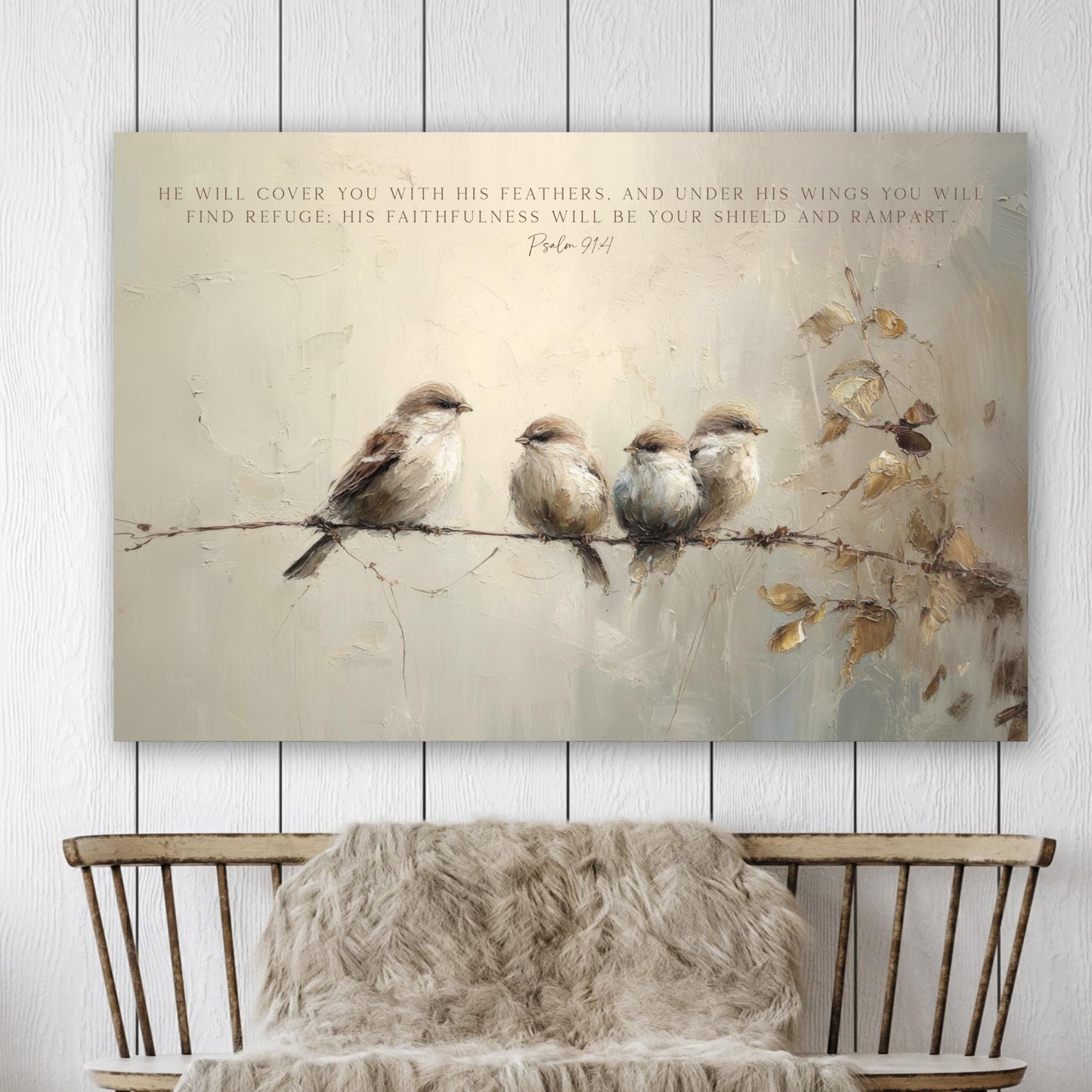Scripture Art Psalm 91:4 with Birds,&nbsp; Vintage Landscape Framed Canvas Print, Bible Verse, Neutral Gold Beige

Bring peace and Scripture into your home with this vintage look birds art, with a big bird and 3 smaller birds, canvas or print. Featuring the Bible verse, Psalm 91:4 ~ He will cover you with his feathers, and under his wings you will find refuge; his faithfulness will be your shield and rampart.