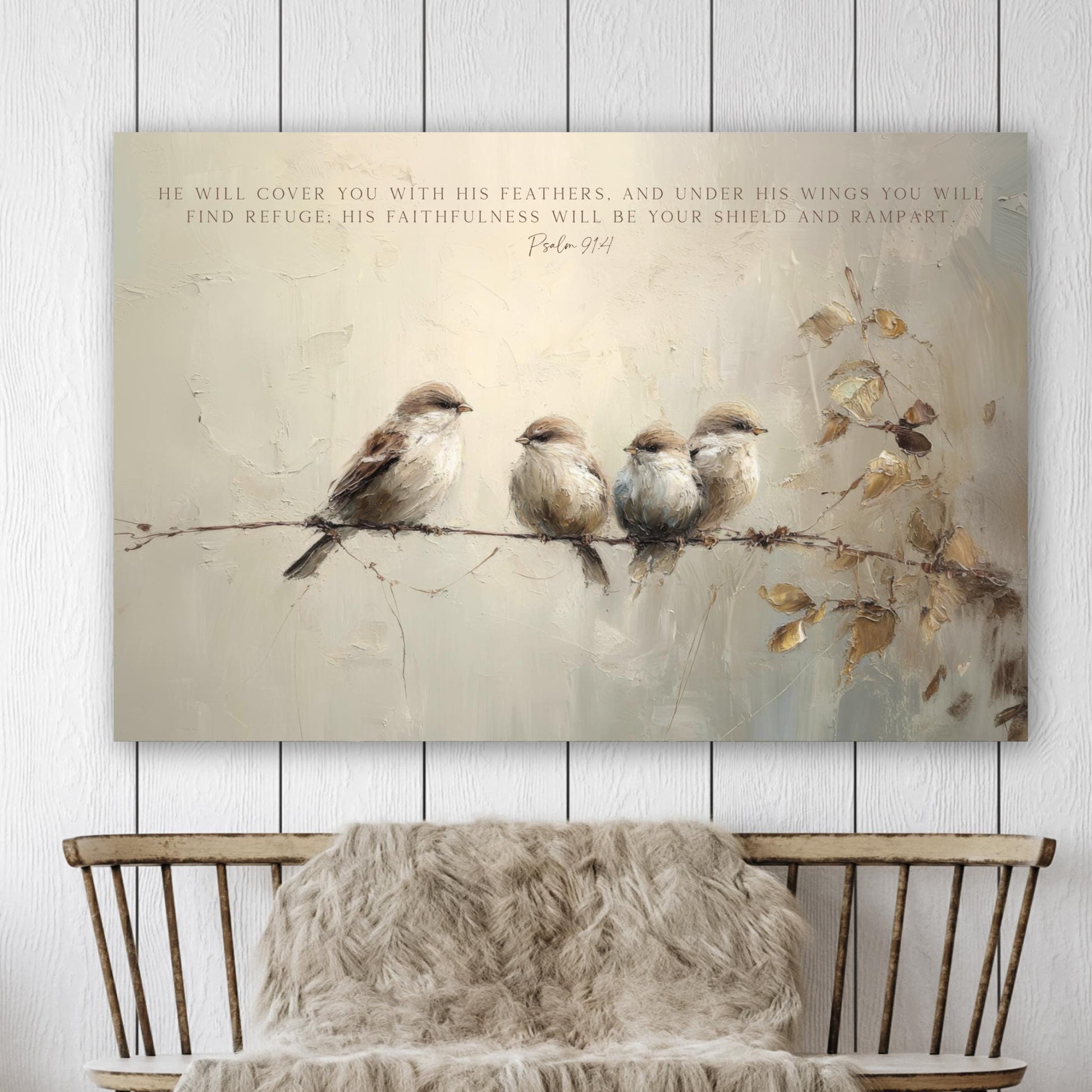Scripture Art Psalm 91:4 with Birds,&nbsp; Vintage Landscape Framed Canvas Print, Bible Verse, Neutral Gold Beige

Bring peace and Scripture into your home with this vintage look birds art, with a big bird and 3 smaller birds, canvas or print. Featuring the Bible verse, Psalm 91:4 ~ He will cover you with his feathers, and under his wings you will find refuge; his faithfulness will be your shield and rampart.