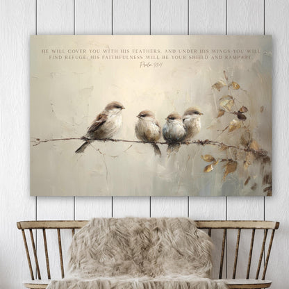 Scripture Art Psalm 91:4 with Birds,&nbsp; Vintage Landscape Framed Canvas Print, Bible Verse, Neutral Gold Beige

Bring peace and Scripture into your home with this vintage look birds art, with a big bird and 3 smaller birds, canvas or print. Featuring the Bible verse, Psalm 91:4 ~ He will cover you with his feathers, and under his wings you will find refuge; his faithfulness will be your shield and rampart.