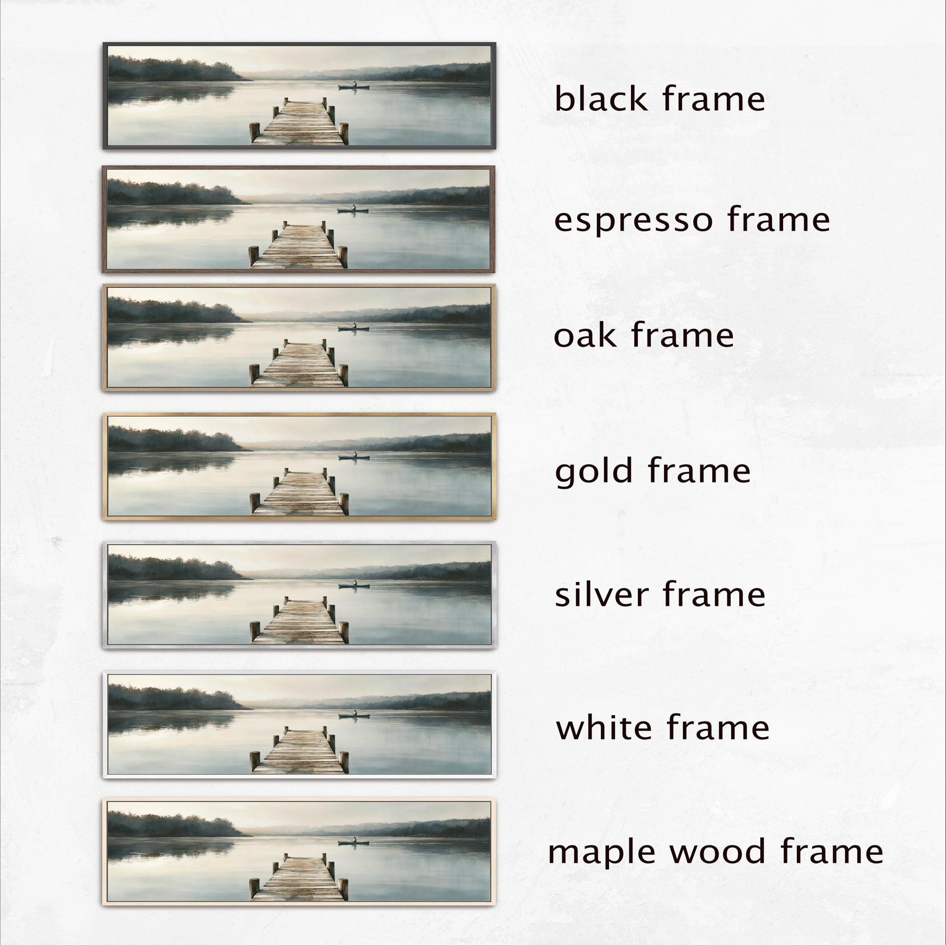 The image is a collage of six different frames, each depicting a serene scene of a wooden dock extending into a calm lake. The frames vary in color and frame style, showcasing the versatility of the artwork.