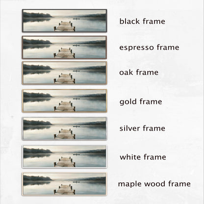 The image is a collage of six different frames, each depicting a serene scene of a wooden dock extending into a calm lake. The frames vary in color and frame style, showcasing the versatility of the artwork.