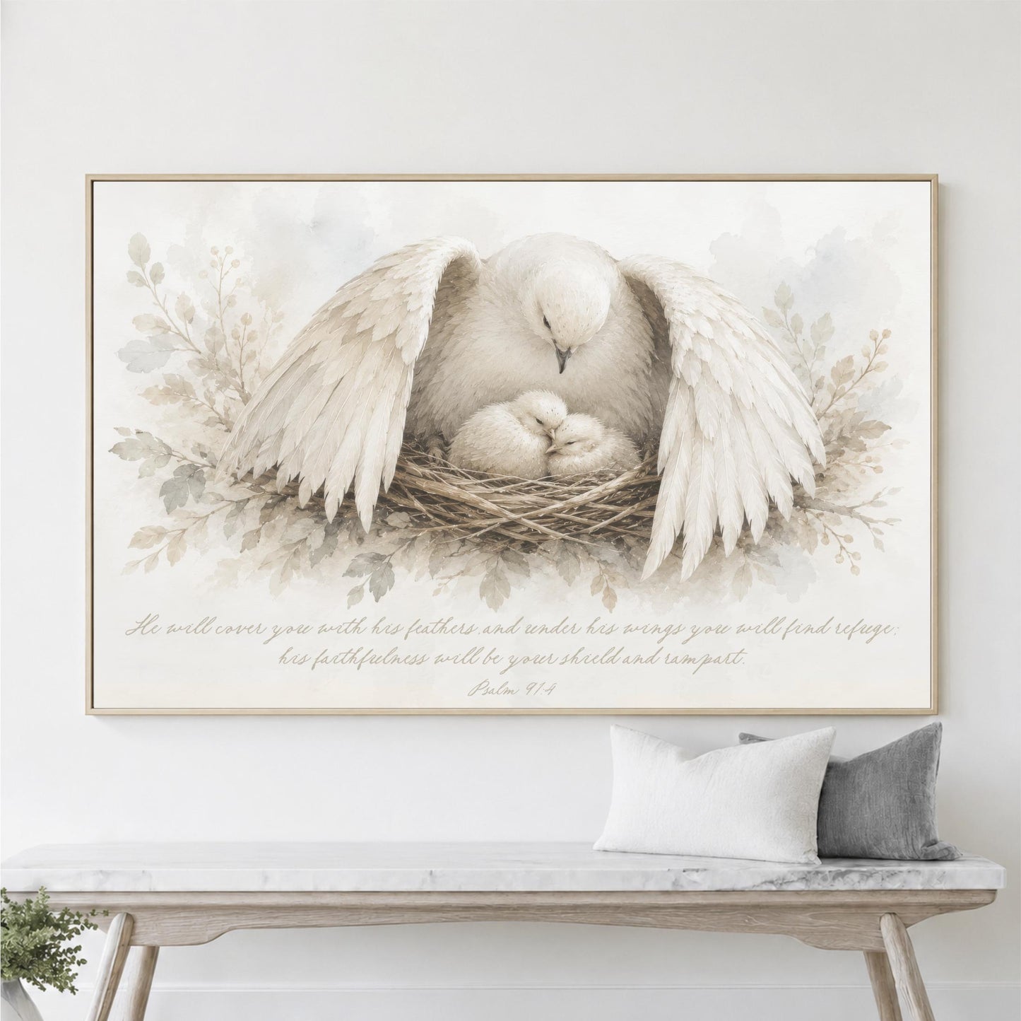 A large framed painting depicting a mother bird with her baby nestled in her wings, surrounded by leaves and branches, hangs on a wall above a wooden bench.