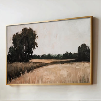 The image is a painting of a field with trees in the background.