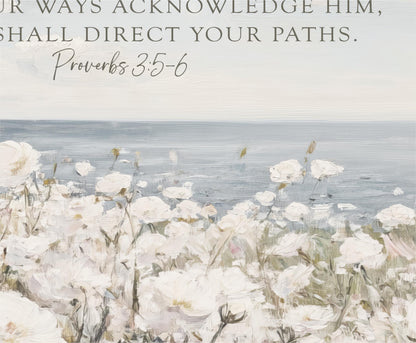 a painting of white flowers with a bible verse