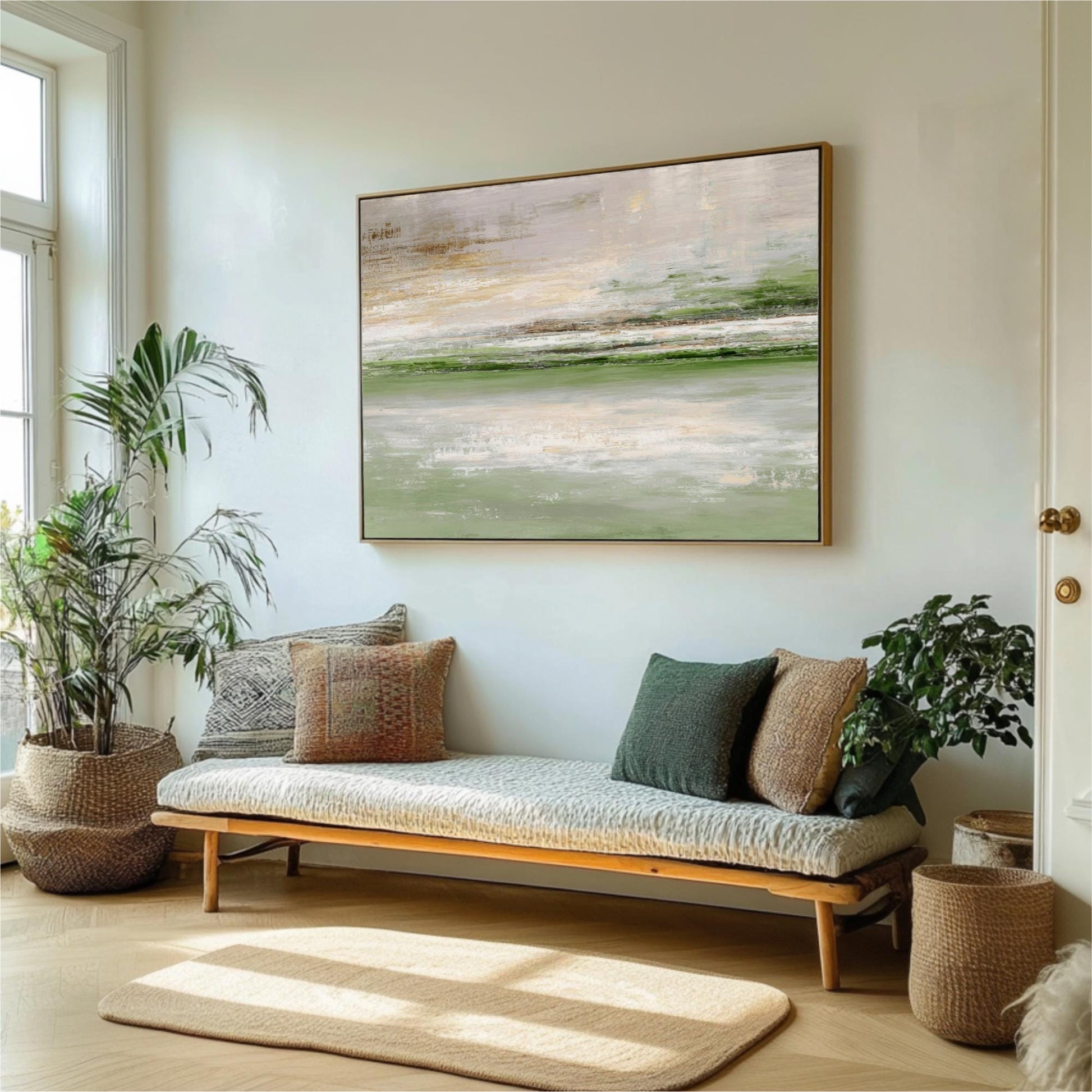 a living room with a large painting of a landscape hanging on the wall above a wooden bench with pillows. The room is decorated with potted plants and a rug, creating a cozy and inviting atmosphere.