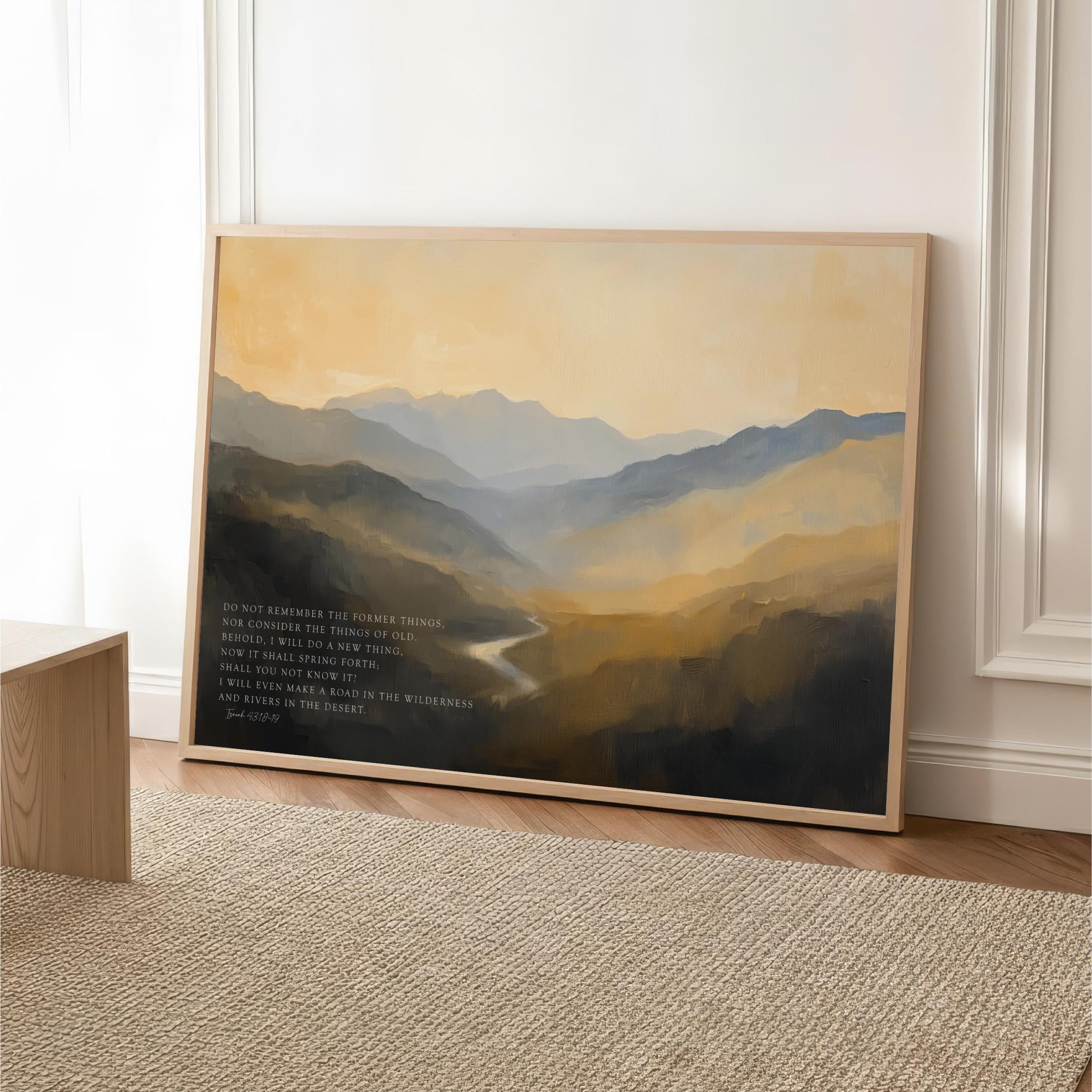a large landscape painting depicting a mountainous, forested scene with a winding river in the foreground.