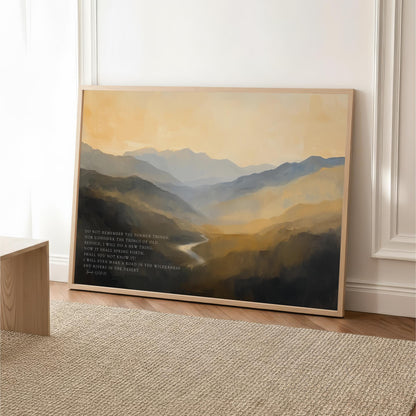 a large landscape painting depicting a mountainous, forested scene with a winding river in the foreground.
