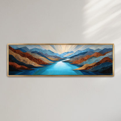 The image is a framed painting depicting a serene landscape with a winding river surrounded by mountains in various shades of blue, orange, and brown.