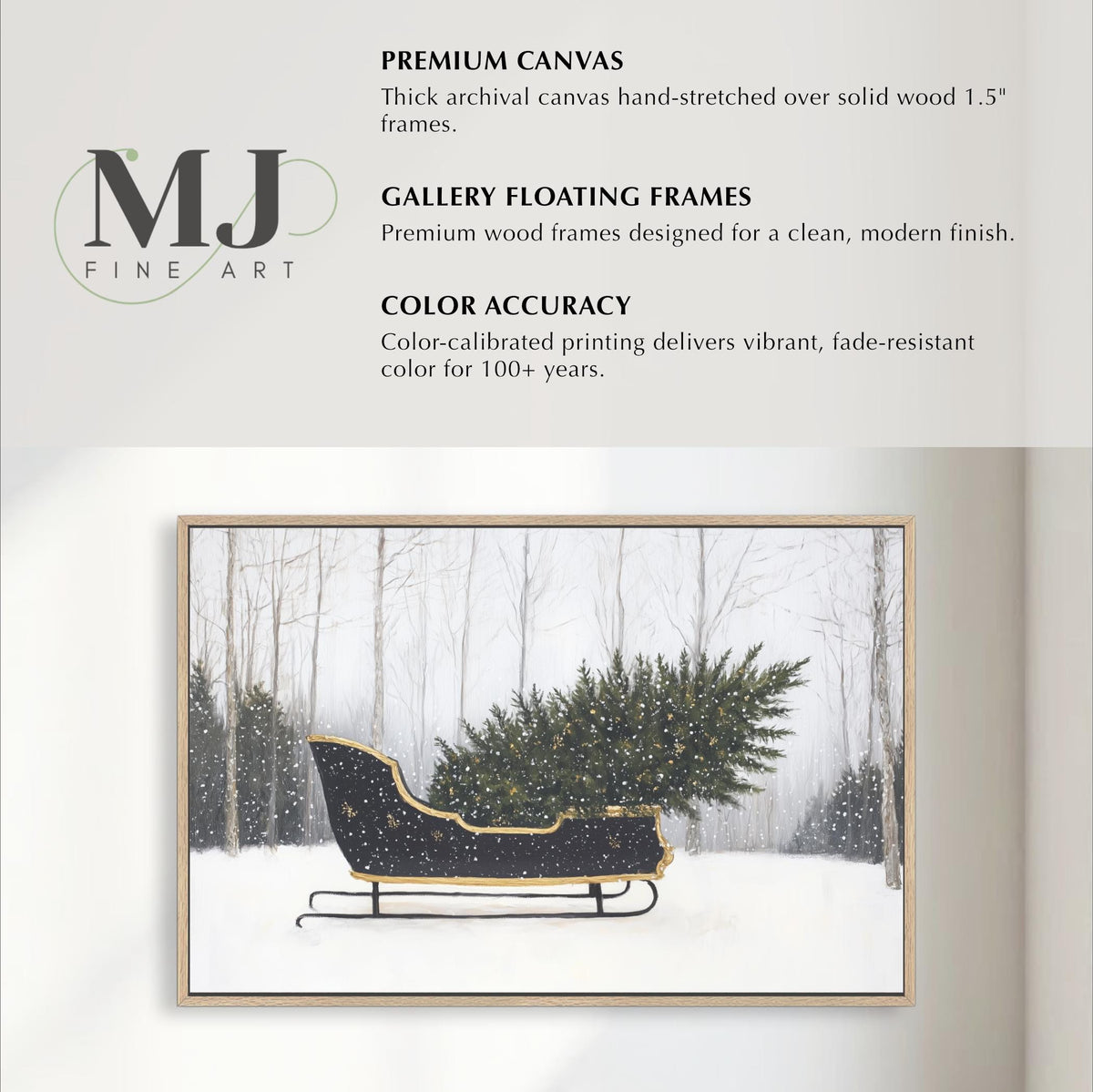 a painting of a Christmas tree in a sled, with a snowy forest in the background.