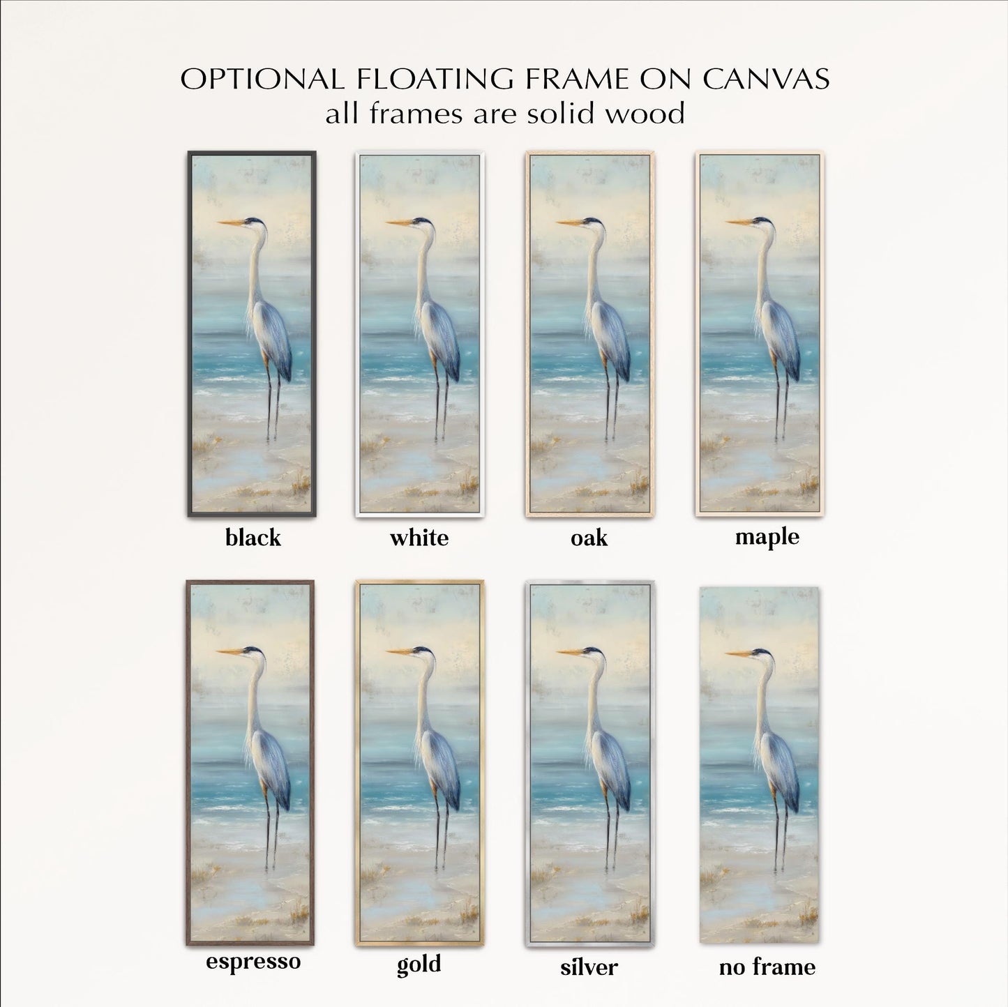 a collection of framed artworks featuring a tall bird, likely a crane, in various colors and frame styles.