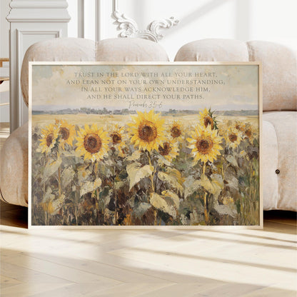 a painting of a field of sunflowers with a bible verse