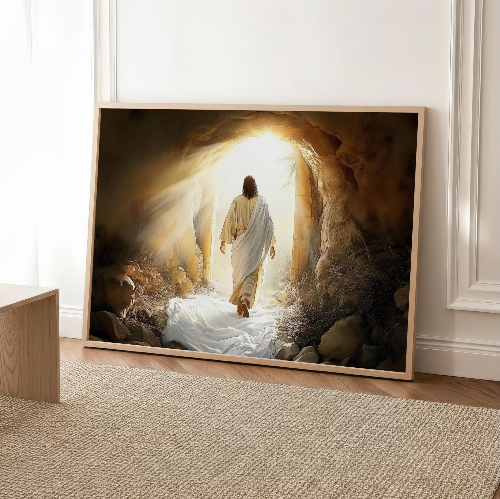 a person walking through a tunnel or cave, with sunlight streaming in from the top, creating a dramatic and spiritual atmosphere.