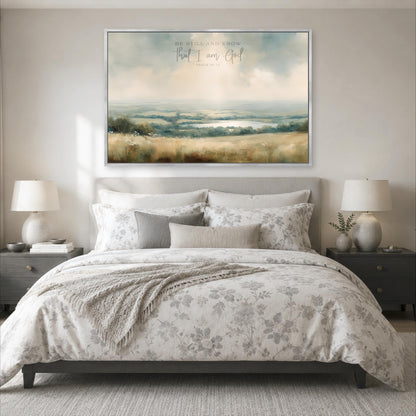a large bedroom with a bed, nightstands, and a painting hanging above the bed. The painting depicts a serene landscape with a field and trees.