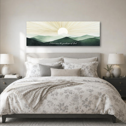 a bedroom with a large bed, a nightstand on each side, and a large wall art print above the bed. The wall art depicts a sunrise over mountains, with the sun appearing to be at the center of the image.
