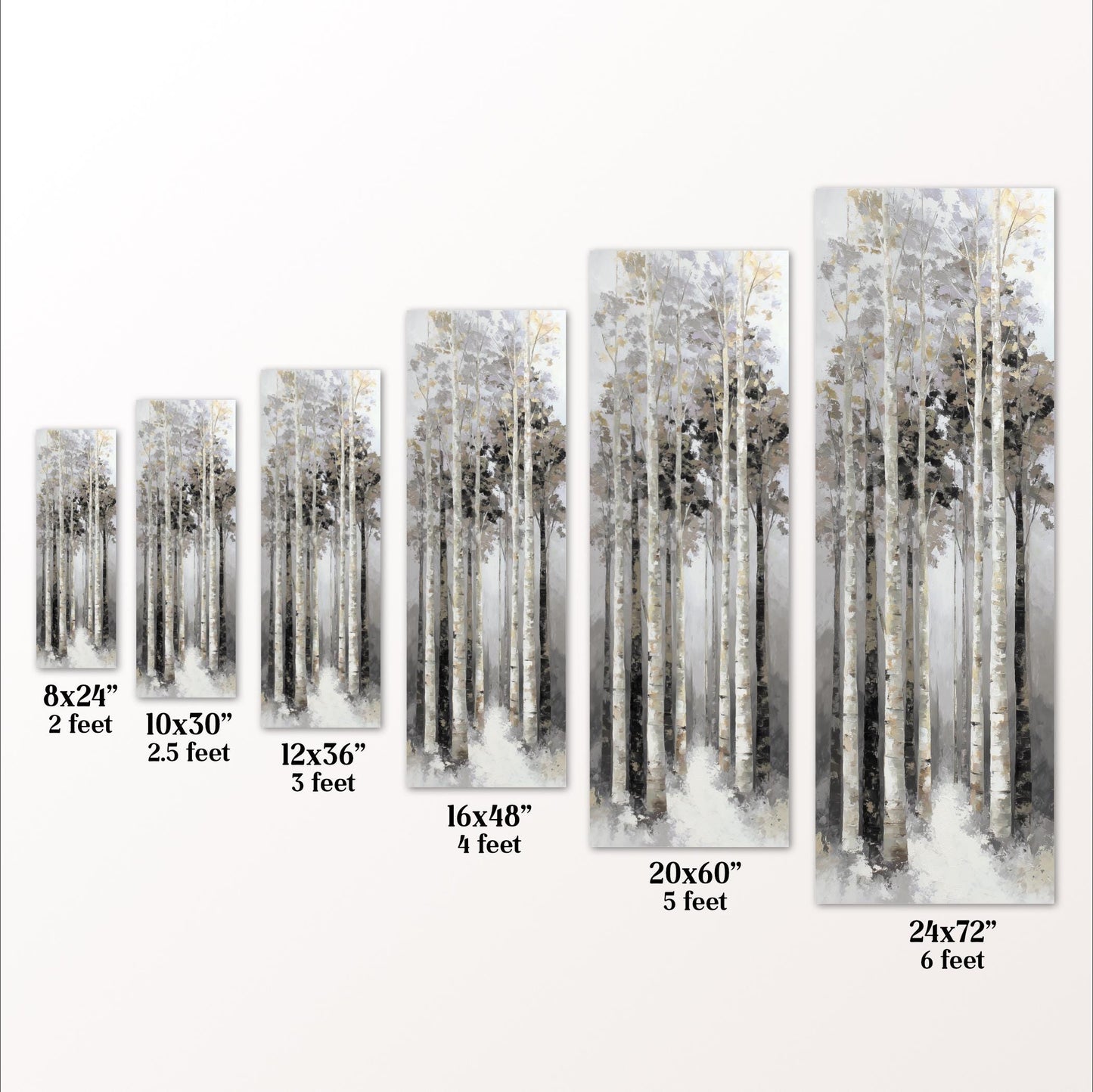a series of framed artworks depicting a forest scene, each with a different size and frame. The artworks are arranged in a row, ranging from 8x24" to 20x60", and 6x24" to 24x72", providing a visual comparison of the sizes of the framed artworks.