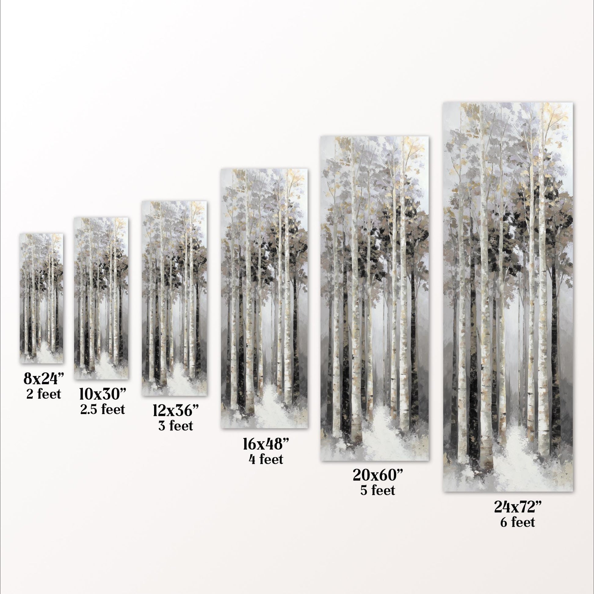 a series of framed artworks depicting a forest scene, each with a different size and frame. The artworks are arranged in a row, ranging from 8x24" to 20x60", and 6x24" to 24x72", providing a visual comparison of the sizes of the framed artworks.