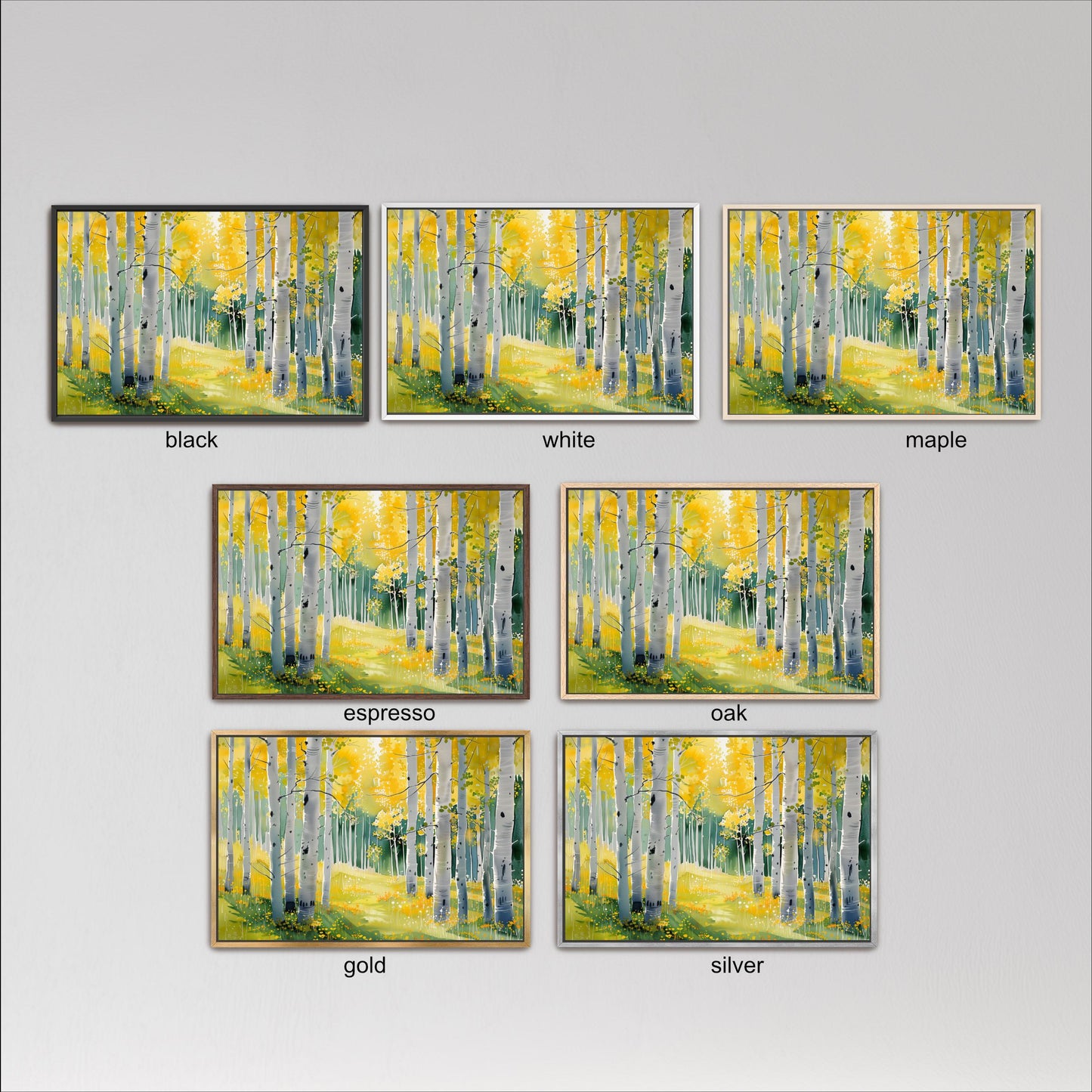 six framed paintings of a forest scene, each with a different color scheme. The paintings are labeled with the color names black, white, maple, espresso, oak, and gold.