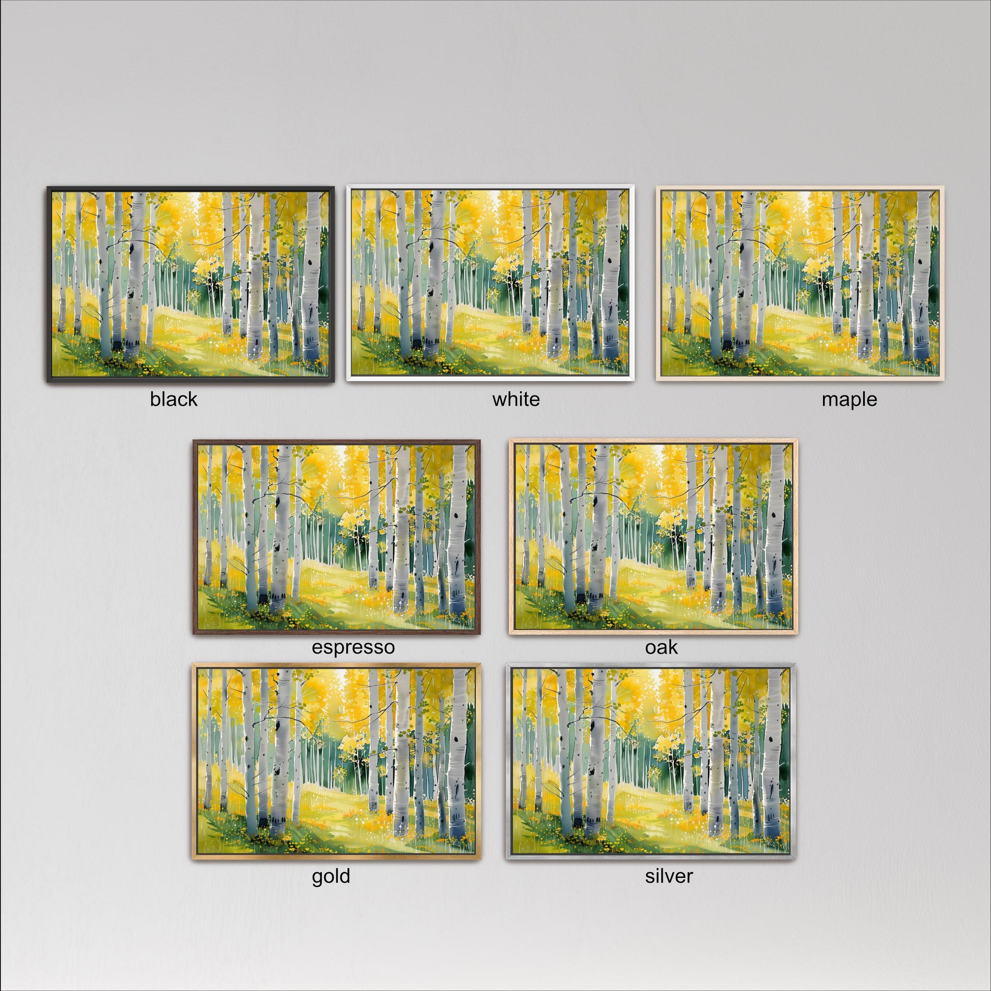 six framed paintings of a forest scene, each with a different color scheme. The paintings are labeled with the color names black, white, maple, espresso, oak, and gold.