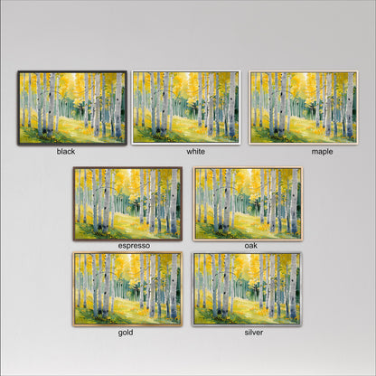 six framed paintings of a forest scene, each with a different color scheme. The paintings are labeled with the color names black, white, maple, espresso, oak, and gold.