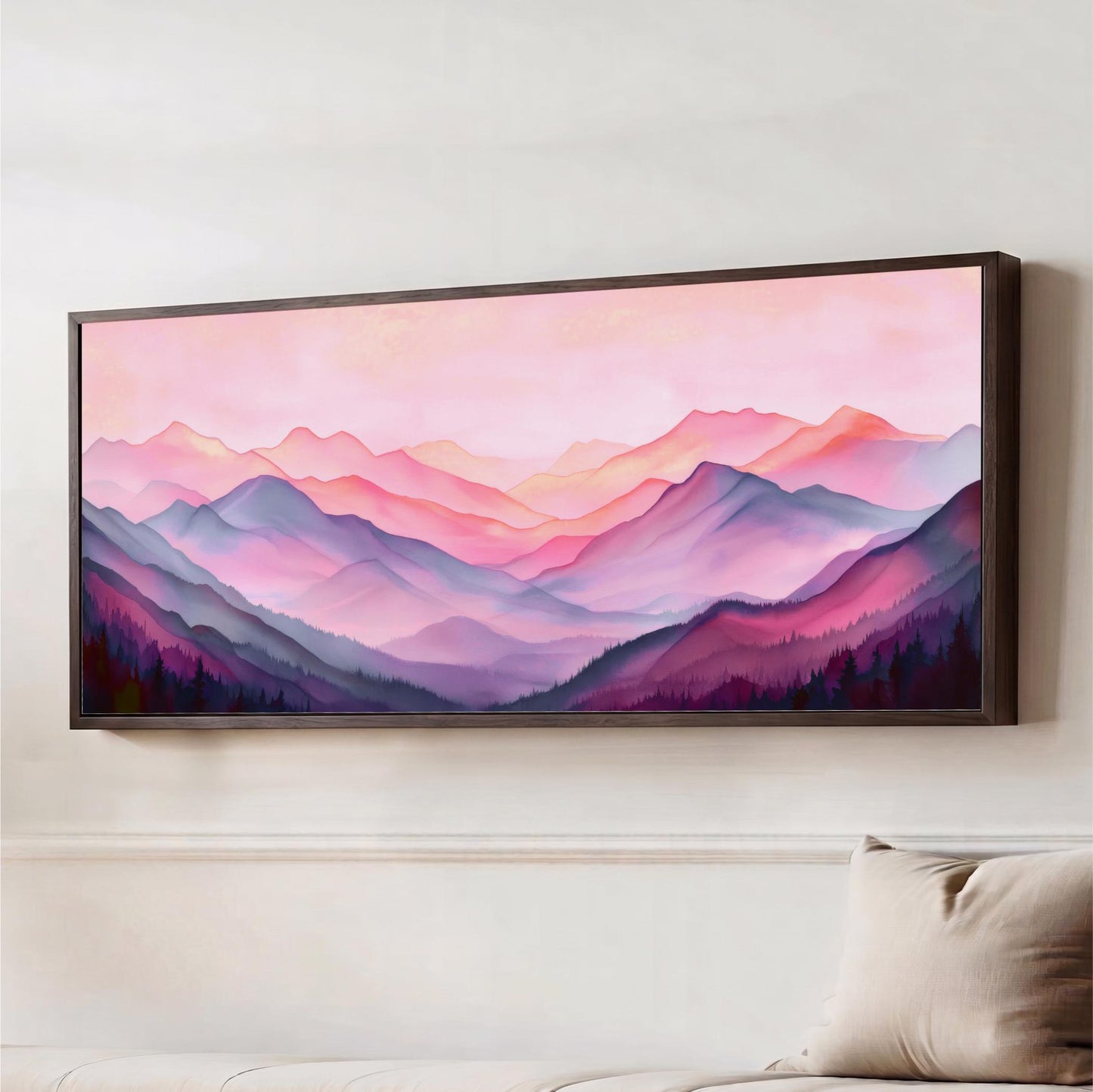 a large framed painting of a mountain landscape with a pink and purple color scheme.