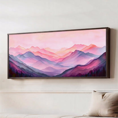 a large framed painting of a mountain landscape with a pink and purple color scheme.