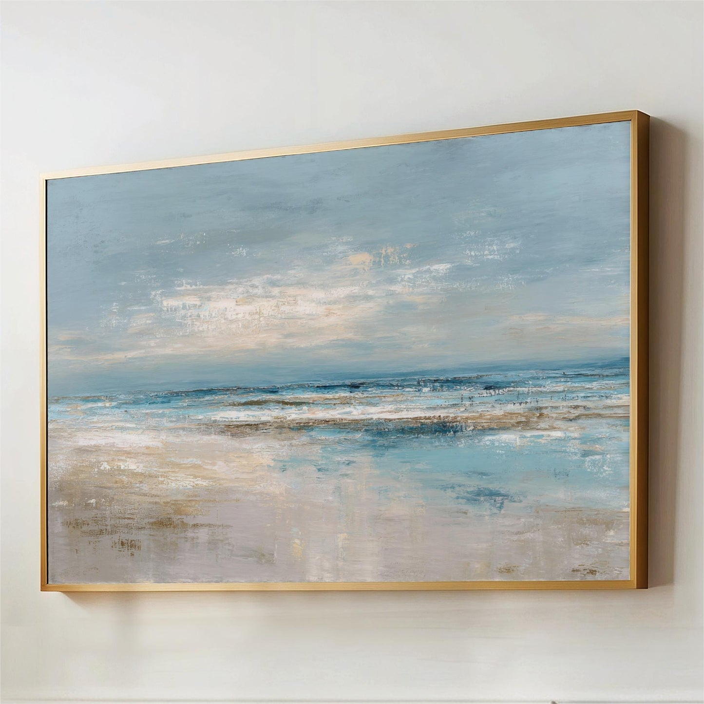 The image is a large painting depicting a serene landscape with a calm body of water and a cloudy sky.