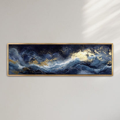 The image is a framed painting depicting a seascape with a dark blue background and white waves, with gold glitter scattered throughout the scene.