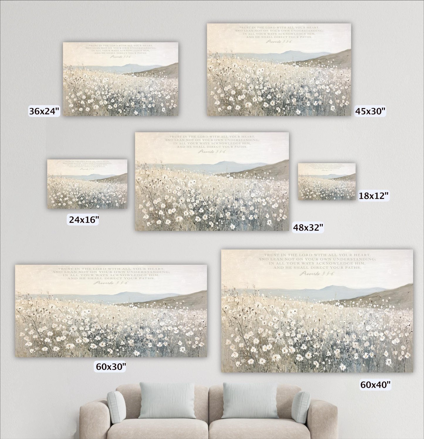 a collection of six different sizes of landscape paintings depicting a field of flowers. The paintings vary in size, ranging from 36x24" to 48x32" and 60x30" to 60x40". The paintings are arranged in a grid-like pattern on a wall, with a couch in the background.