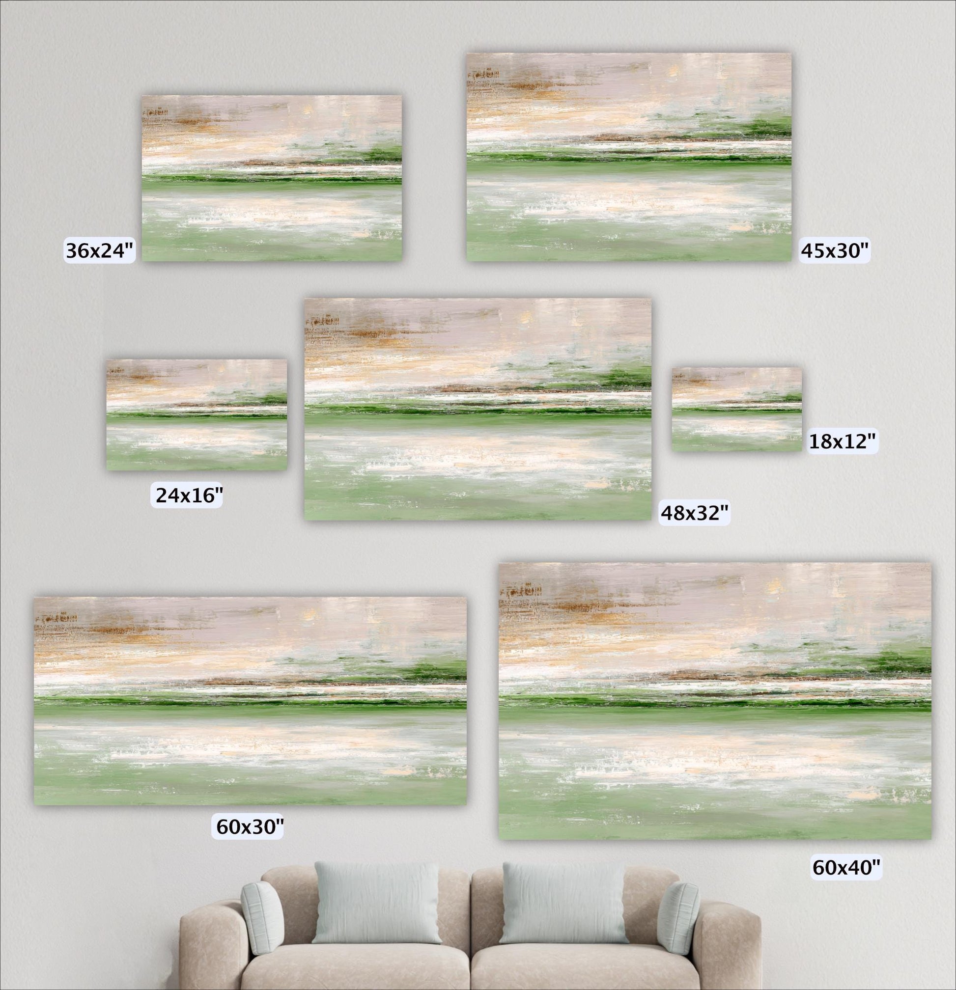 a collection of six landscape paintings, each with a different size, arranged on a wall. The paintings vary in size, ranging from 36x24" to 48x32" and 45x30". In the foreground, there is a couch, providing a contrast to the large, detailed paintings.